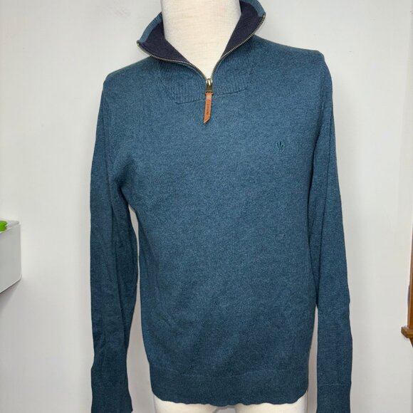 Fat Face Sweater Mens Medium Green/Blue Cashmere Cotton 1/4 Zip Long Sleeve - Picture 1 of 14